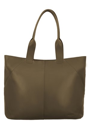 Duża oliwkowo-zielona skórzana torba typu tote z dwoma uchwytami na ramię i widocznymi detalami szwów.