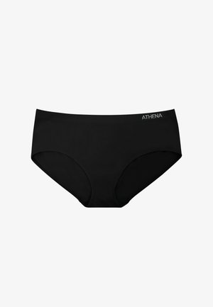 Culotte de bikini noire en tissu lisse avec une large taille. Logo "ATHENA" brodé en bleu clair sur la ceinture. Sans motifs ni accents.