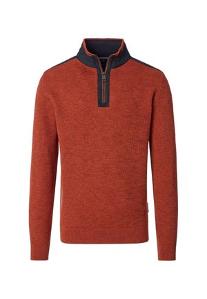 Rostorange Pullover-Sweater mit halbzipper Kragen, marineblauen Akzenten am Hals sowie gerippten Bündchen und Saum. Strukturierter Strickstoff.