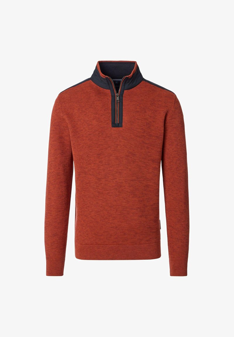 Roestoranje trui met een halve rits op de kraag, marineblauwe accenten op de hals en geribde manchetten en onderrand. Textuur gebreide stof.
