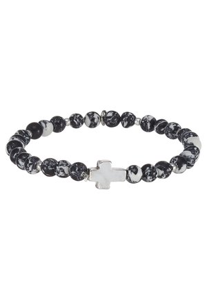 Black and white marbled bead bracelet with a silver cross accent, featuring round beads of varying sizes and smooth texture.