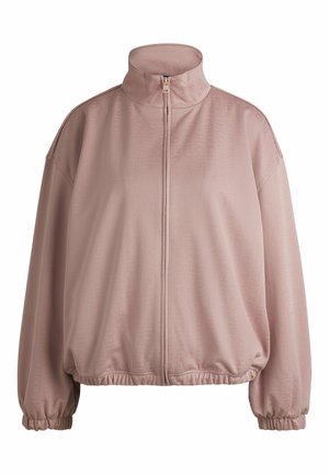 Pink zip-up jacket with high collar, made of smooth fabric featuring embossed logo patterns, elasticized cuffs, and hem.