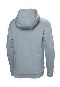 Sudadera con capucha de color gris claro, con un bolsillo tipo canguro, puños de canalé y un corte holgado. Textura suave con un acabado liso.