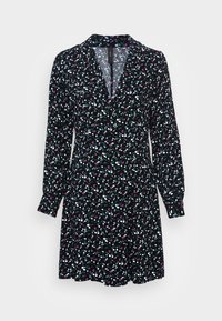 Vestido preto com mangas longas, apresentando um padrão floral em rosa, branco e azul. Design com decote em V e uma silhueta fluida. Textura de tecido macio.