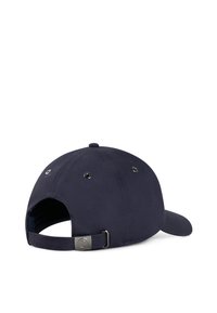 Navy blue baseball cap with a curved brim, adjustable strap at the back, and metal eyelets for ventilation. Smooth fabric texture.