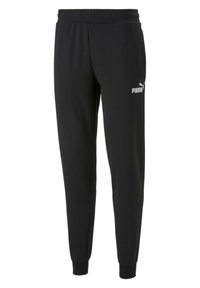 Pantalones deportivos negros hechos de tela suave, con cintura elástica, puños acanalados y un logo blanco de Puma en el lado izquierdo.