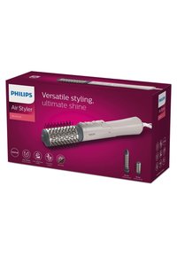 De Philips Air Styler in een roze doos bevat een grijs stylingapparaat met borstelharen, twee verwisselbare borstels en iconen die functies aangeven.