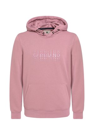 Pink hoodie with a drawstring hood, front pocket, and embossed logo text in varying sizes on the chest. Soft fabric texture.