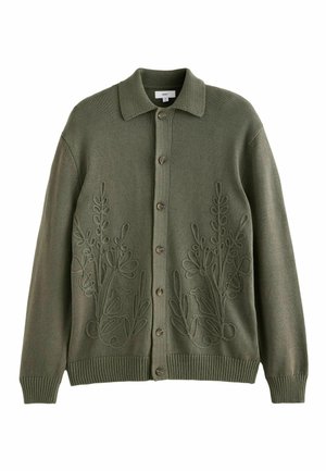 Olivgrüner gestrickter Cardigan mit Knopfleiste, der auf beiden Seiten mit floralem Stickerei verziert ist, sowie mit gerippten Bündchen und Saum.