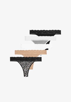 Vijf vrouwen slips met kant, in zwart bloemmotief, beige, wit, wit gestreept en zwarte ontwerpen, verticaal gerangschikt.