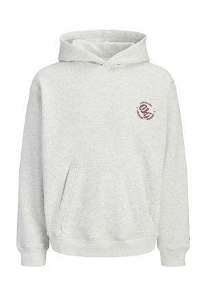 Sweat à capuche gris clair avec poche kangourou à l'avant et petit logo bordeaux « Copenhagen 1990 » sur la poitrine gauche.