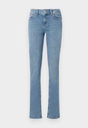 Lichtblauwe denim jeans met een uitlopende pijp, voorzien van een standaard vijf-pocket ontwerp, knoopsluiting en zichtbare stikdetails.