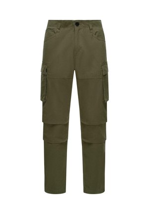 Vihreät cargo-housut, valmistettu kestävästä kankaasta, joissa on useita taskuja, suora leikkaus ja nappikiinnitys vyötäröllä.