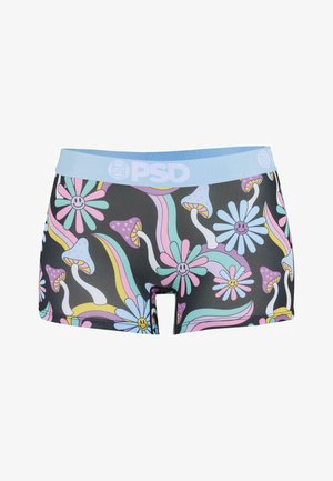 Boyshorts made of stretchy fabric with a black background, featuring colorful mushroom, flower, and smiley face patterns, and a light blue waistband.
