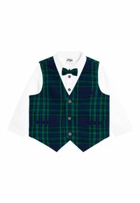 Gilet a quadri verde e blu navy con camicia bianca, papillon e bottoni marroni; presenta due tasche frontali e un design su misura.