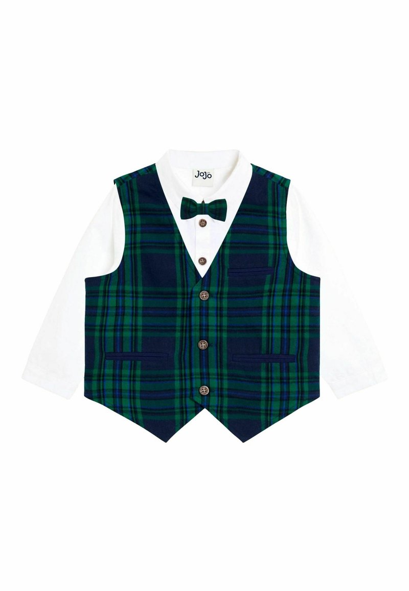 Gilet a quadri verde e blu navy con camicia bianca, papillon e bottoni marroni; presenta due tasche frontali e un design su misura.