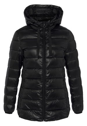 Schwarze gepolsterte Jacke mit Kapuze, ausgestattet mit einem Reißverschluss vorne, einer Zugkordel am Hals und einer eleganten, glänzenden Oberfläche mit gestepptem Muster.