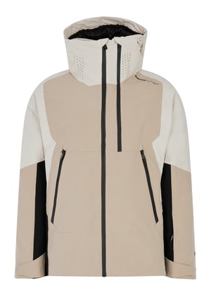 Beige weerbestendige jas met een zwart-wit ontwerp, ritszakken, verstelbare capuchon en ventilatiegaten op de capuchon.