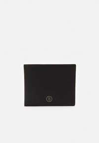 Black leather wallet with a textured finish. Features a circular logo with a letter "B" on the front. Compact rectangular shape.