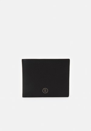 Schwarze Lederbörse mit strukturiertem Finish. Auf der Vorderseite befindet sich ein kreisförmiges Logo mit dem Buchstaben "B". Kompakte rechteckige Form.