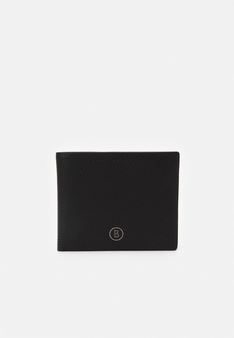 Black leather wallet with a textured finish. Features a circular logo with a letter "B" on the front. Compact rectangular shape.