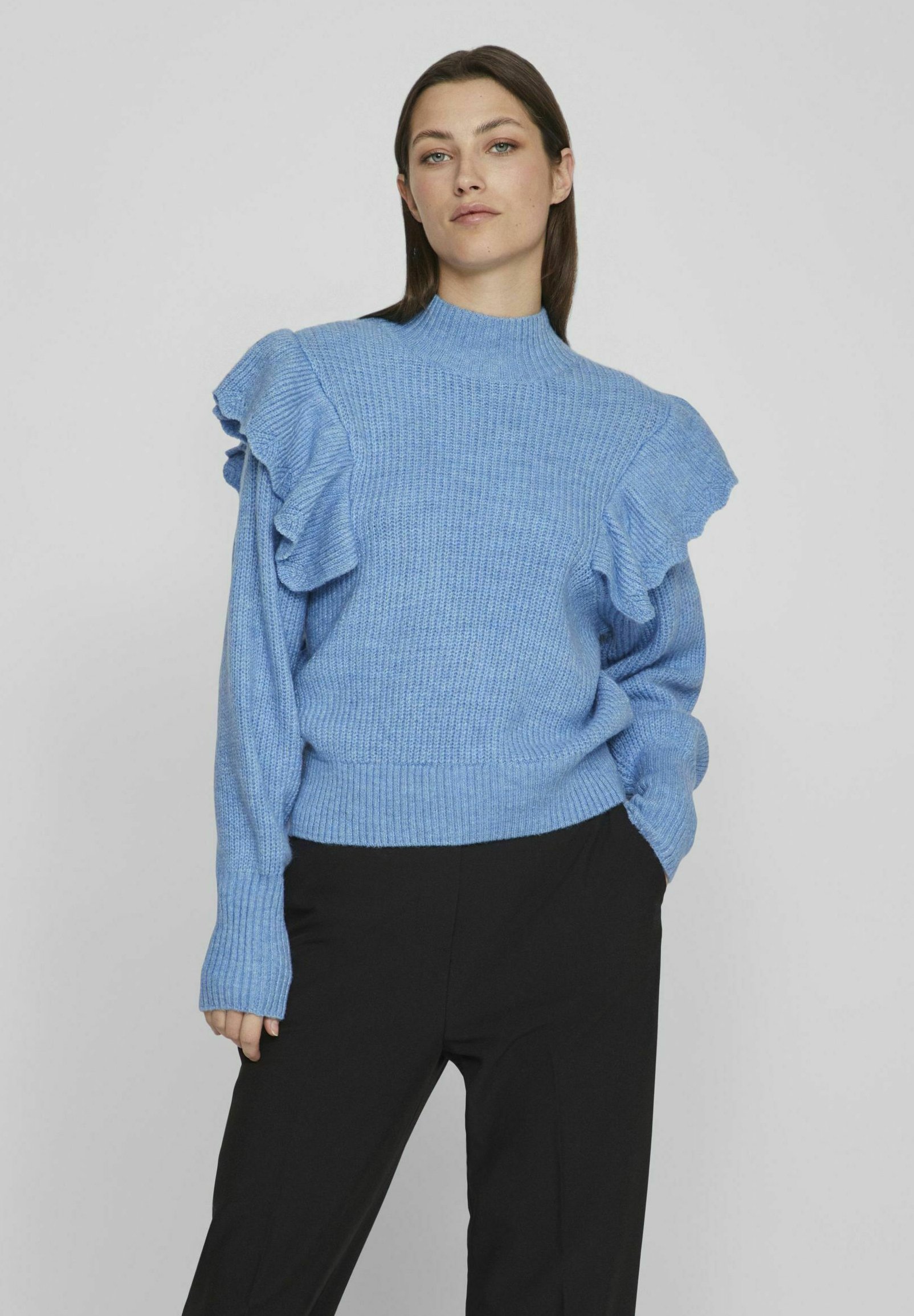 VILA Damen Strickpullover Vibooba – Mit Rüschen, Stehkragen & Ballonärmeln – Weicher Pulli Für Business & Freizeit
