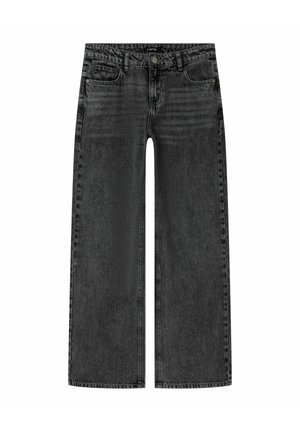 Jean large en denim noir avec taille mi-haute, cinq poches et un léger délavage. Coutures et quincaillerie en métal couleur argent.