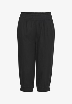 Pantaloni negri scurți cu talie elastică și mâneci strânse. Confecționați dintr-un material ușor și neted. Design cu picioare drepte, fără detalii suplimentare.