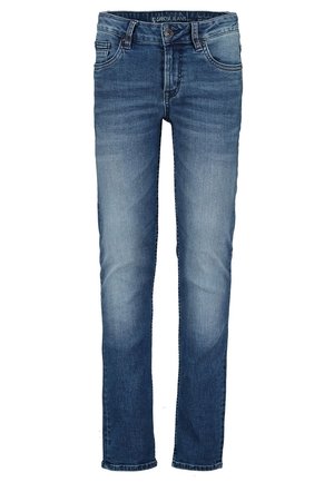 Blå straight-leg jeans med knap- og lynlås-lukning, for- og baglommer samt diskret falming på lår og knæ.