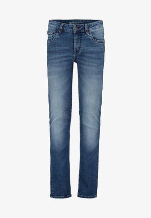 Blå straight-leg jeans med knap- og lynlås-lukning, for- og baglommer samt diskret falming på lår og knæ.