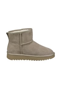Beigefarbene Wildleder-Stiefelette mit runder Zehenform, Nahtdetails, weicher Innenauskleidung und einer strukturierten Gummisohle mit Zickzackmuster.