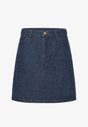 Jeans krilo temno modre barve z drobnim vzorcem, z zapiranjem na gumbe spredaj, z zankami za pas in dvema stranskima žepoma.