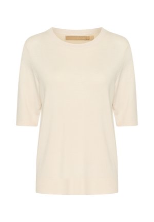 Kreemi värvi kudum, lühikeste varrukatega top, ümmarguse kaelusega, pehme tekstuuriga ja mugava lõikega. Lihtne disain ilma mustrite või aktsentideta.