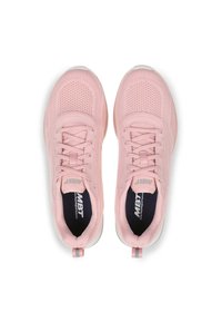 Scarpe da ginnastica rosa con tomaia in rete, punta rotonda e sistema di allacciatura. Presentano un branding minimale e un passante sul tallone per indossarle facilmente.