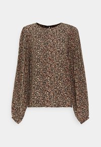 Kukkakirjailuinen paita pitkillä hihoilla, tumman mustalla pohjalla ja monivärisillä kuvioilla, jotka sisältävät beigen, punaisen ja kermaisan; pyöreä kaula-auko ja takana napitettu kiinnitys.