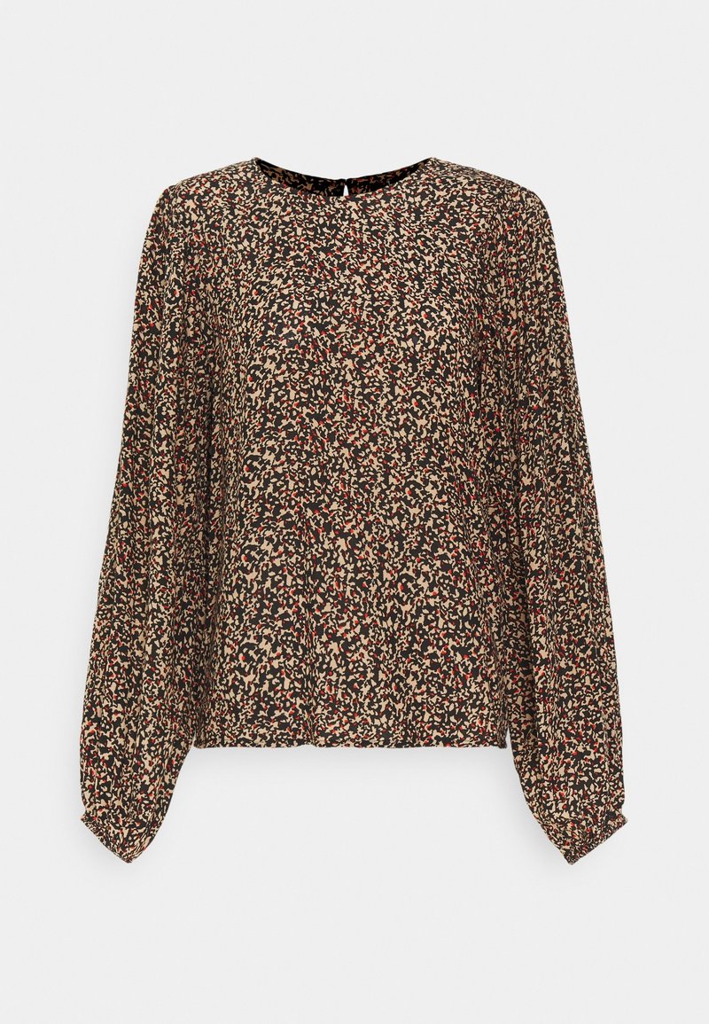 Blumenbluse mit langen Ärmeln, in Schwarz gehalten und mit mehrfarbigen Mustern in Beige, Rot und Creme; runder Ausschnitt mit Knopfverschluss im Rücken.