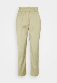 Světlé béžové kalhoty rovného střihu s vysokým elastickým pasem ve stylu paperbag a jemným detailem předního švu.