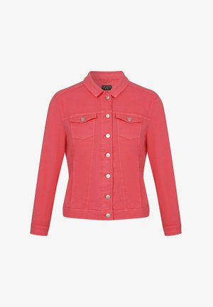 Veste en denim corail avec un col, des manches longues, deux poches avant et des boutons en métal argenté le long du centre et des poignets.