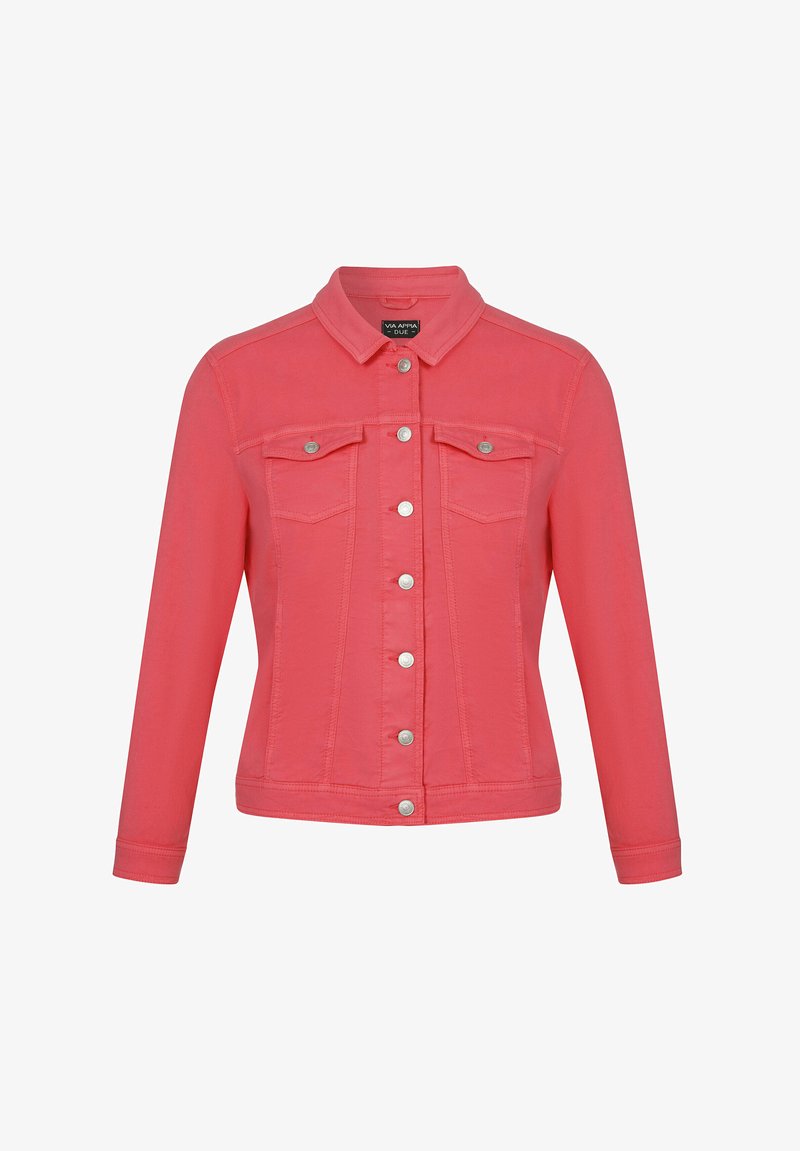 Veste en denim corail avec un col, des manches longues, deux poches avant et des boutons en métal argenté le long du centre et des poignets.