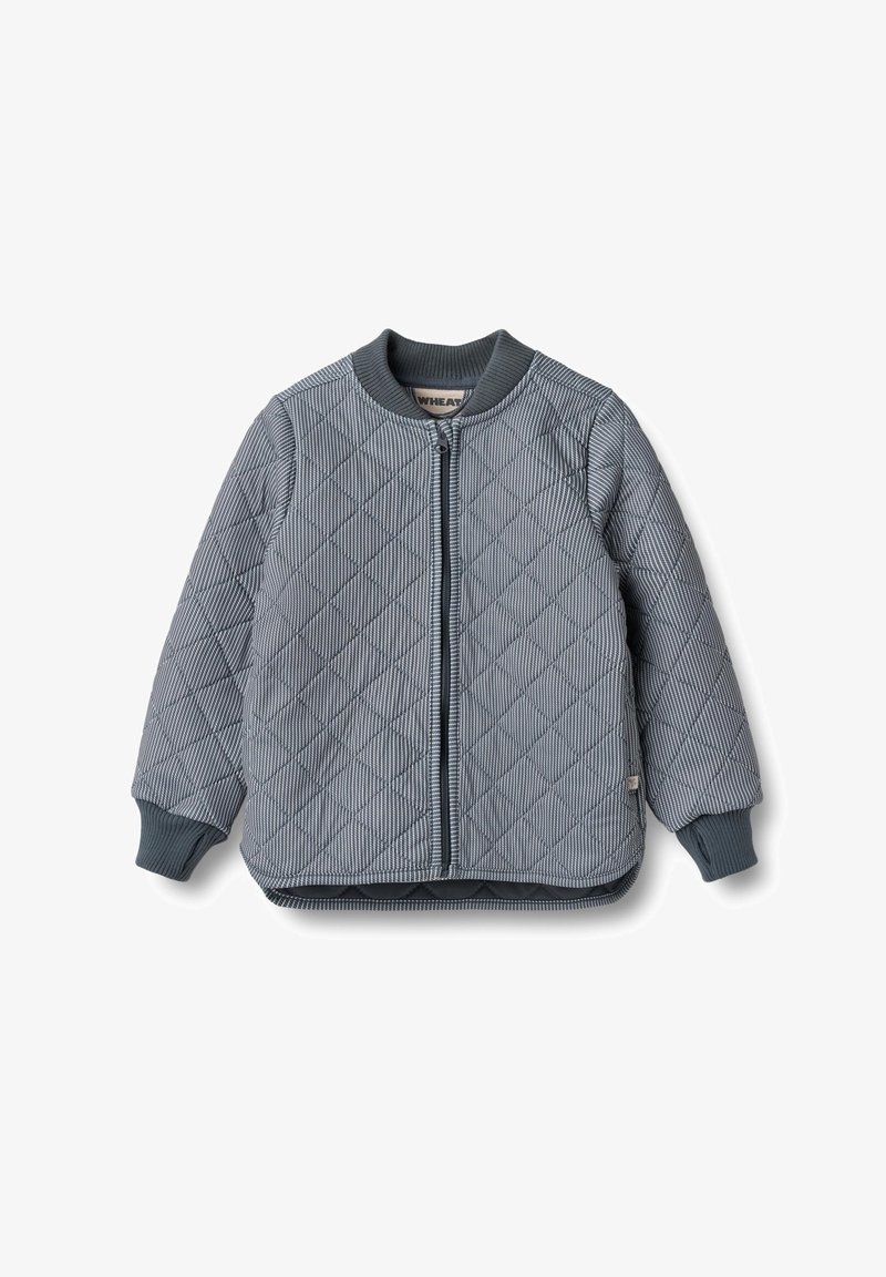 Quilted gray jacket with diamond pattern, ribbed cuffs, and neckline. Features a front zipper and woven label detail.