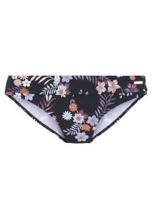Zwarte bloemenbikini onderkant met veelkleurige bloemen, voorzien van een gladde textuur, een mid-rise snit en dunne zijkanten.