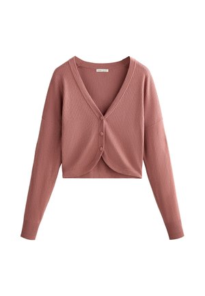 Geribde cropped cardigan in stoffig roze, met een diepe V-hals, drie knopen en lange mouwen, gemaakt van een zachte gebreide stof.