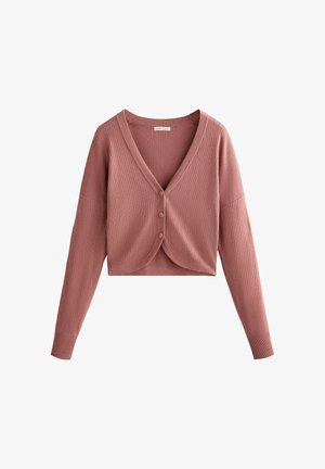 Geribde cropped cardigan in stoffig roze, met een diepe V-hals, drie knopen en lange mouwen, gemaakt van een zachte gebreide stof.