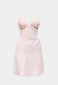 Hellrosa Satin-Unterkleid mit Spitzenkörbchen und dünnen, überkreuzten Schulterträgern, knielang, vor weißem Hintergrund präsentiert.