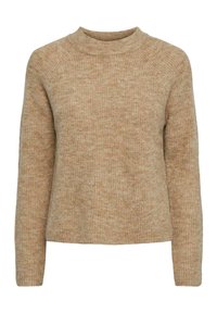 Beiger Strickpullover, runder Halsausschnitt, lange Raglanärmel, weiche Textur, lockere Passform, dezente Farbvariationen.