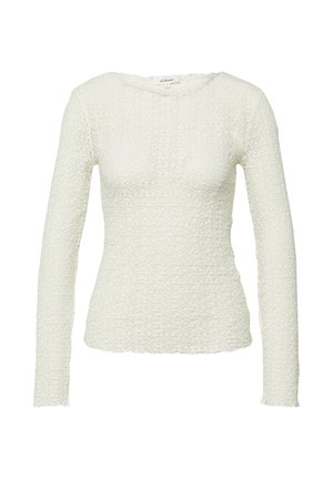 Biały dopasowany top z długim rękawem z fakturowanym kwiatowym koronkowym wzorem i okrągłym dekoltem, oznaczony marką s.Oliver.