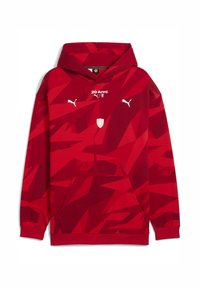 Felpa rossa con cappuccio, motivo geometrico, tasca frontale e cordoncino al cappuccio. Presenta un logo e del testo bianco sul petto.