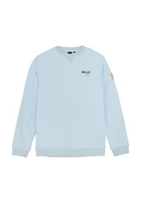 Lichtblauwe sweatshirt met ronde hals, lange mouwen, ribgebreide manchetten en onderzoom. Heeft een zwart "RELLIX" logo op de voorkant.