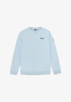 Lichtblauwe sweatshirt met ronde hals, lange mouwen, ribgebreide manchetten en onderzoom. Heeft een zwart "RELLIX" logo op de voorkant.
