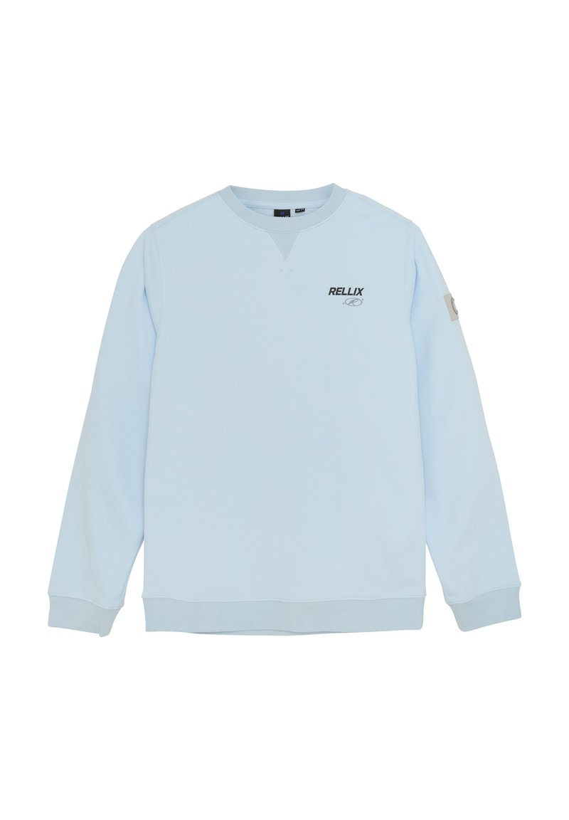 Lichtblauwe sweatshirt met ronde hals, lange mouwen, ribgebreide manchetten en onderzoom. Heeft een zwart "RELLIX" logo op de voorkant.